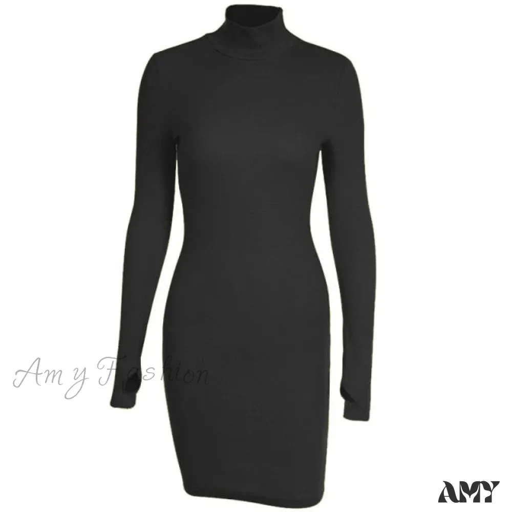 Amy Fashion - Sexy Solid Turtleneck Skinny Mini Dress