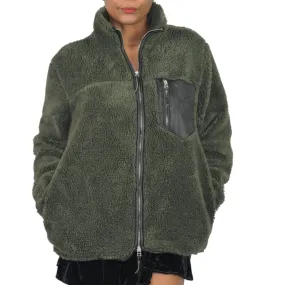 Anine Bing Ryder Faux Fur Jacket Green Olive Fleece Pile Sherpa Teddy Plush Zip Front Faux Leather Small