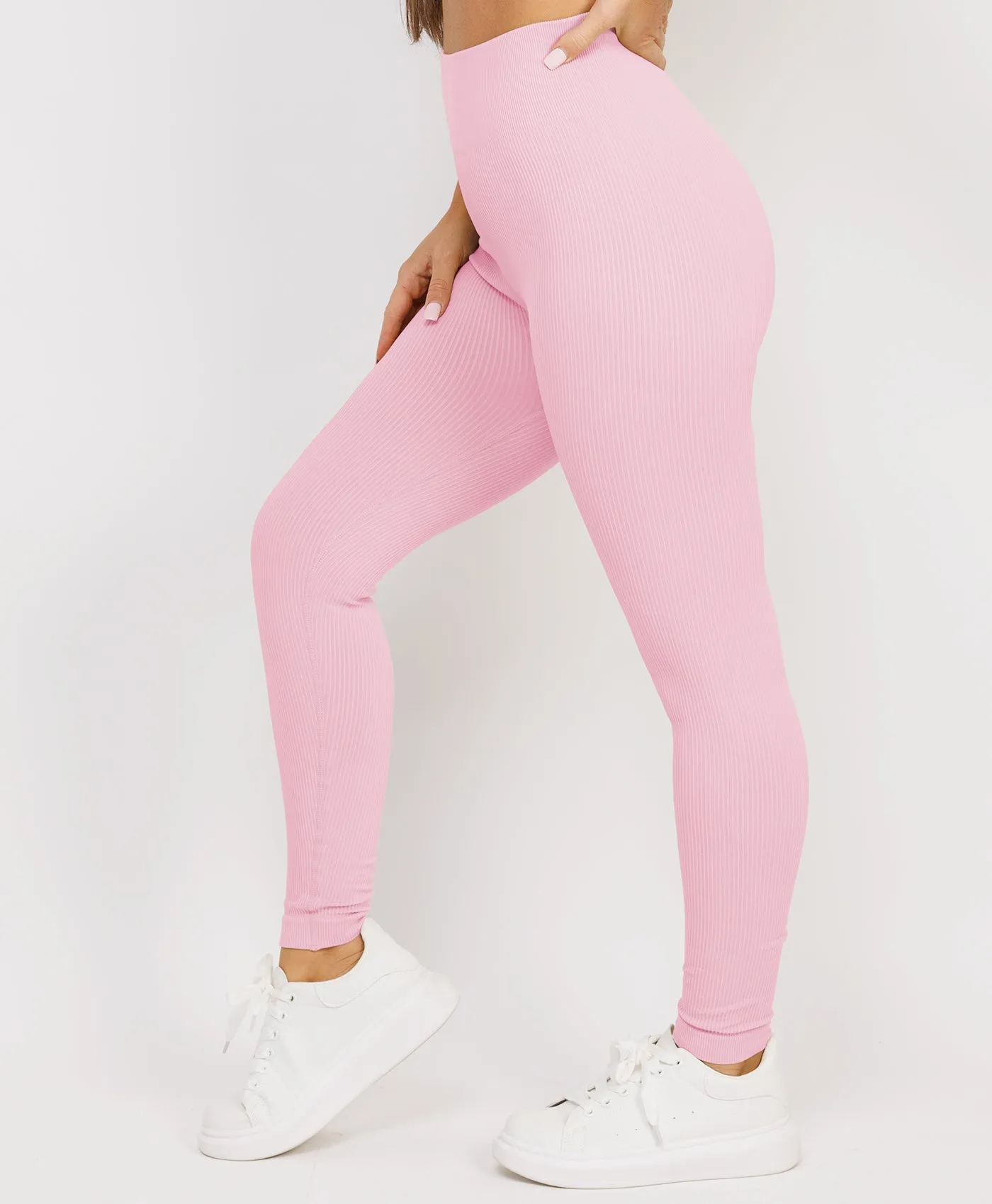 Baby Pink High Waist Ribbed Gym Leggings