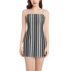 Black and White Heart Striped Sleeveless Square Neckline Spaghetti Strap Mini Dress