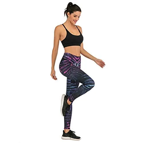 Black Leaf Seamless Workout Leggings - Women’s 3D Printed Purple Yoga Leggings, Tummy Control Running Pants (Purple, Medium)