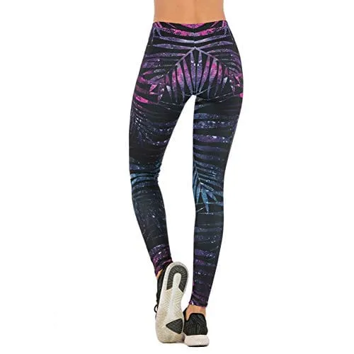 Black Leaf Seamless Workout Leggings - Women’s 3D Printed Purple Yoga Leggings, Tummy Control Running Pants (Purple, Medium)