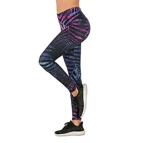 Black Leaf Seamless Workout Leggings - Women’s 3D Printed Purple Yoga Leggings, Tummy Control Running Pants (Purple, Medium)