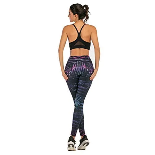 Black Leaf Seamless Workout Leggings - Women’s 3D Printed Purple Yoga Leggings, Tummy Control Running Pants (Purple, Medium)