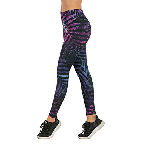 Black Leaf Seamless Workout Leggings - Women’s 3D Printed Purple Yoga Leggings, Tummy Control Running Pants (Purple, Medium)