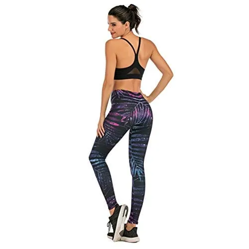 Black Leaf Seamless Workout Leggings - Women’s 3D Printed Purple Yoga Leggings, Tummy Control Running Pants (Purple, Medium)