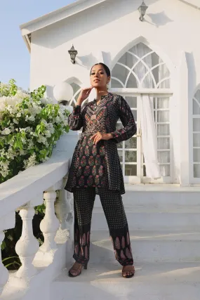 Black Printed Tunic Set With Embellishment