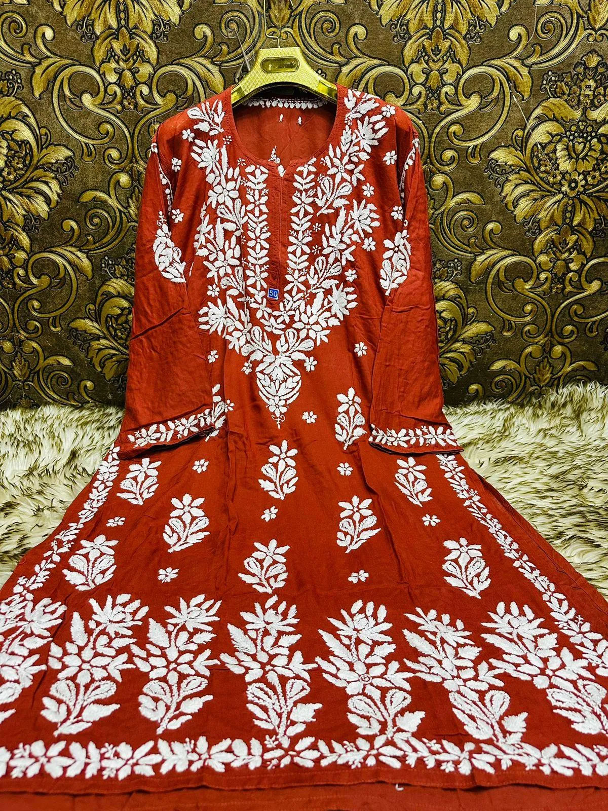 Brick Red Ethereal Elegance: Lucknow Chikankari Heavy Modal Big Size Kurti
