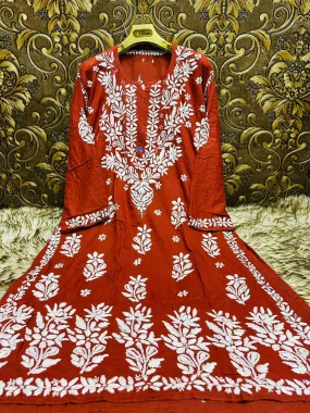 Brick Red Ethereal Elegance: Lucknow Chikankari Heavy Modal Big Size Kurti