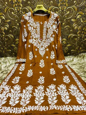 Brown Ethereal Elegance: Lucknow Chikankari Heavy Modal Big Size Kurti