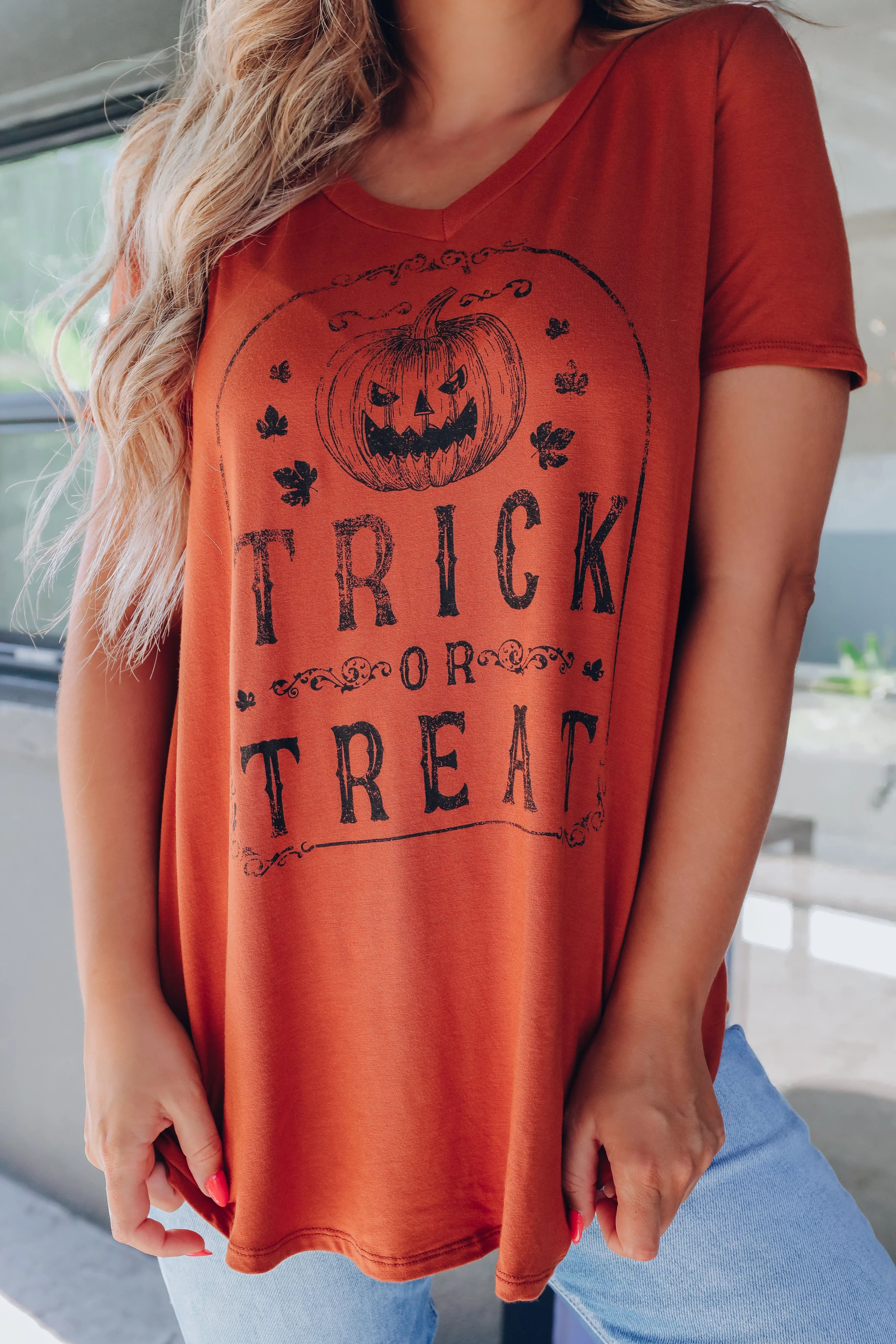 Burnt Orange Trick Or Treat V-Neck Top