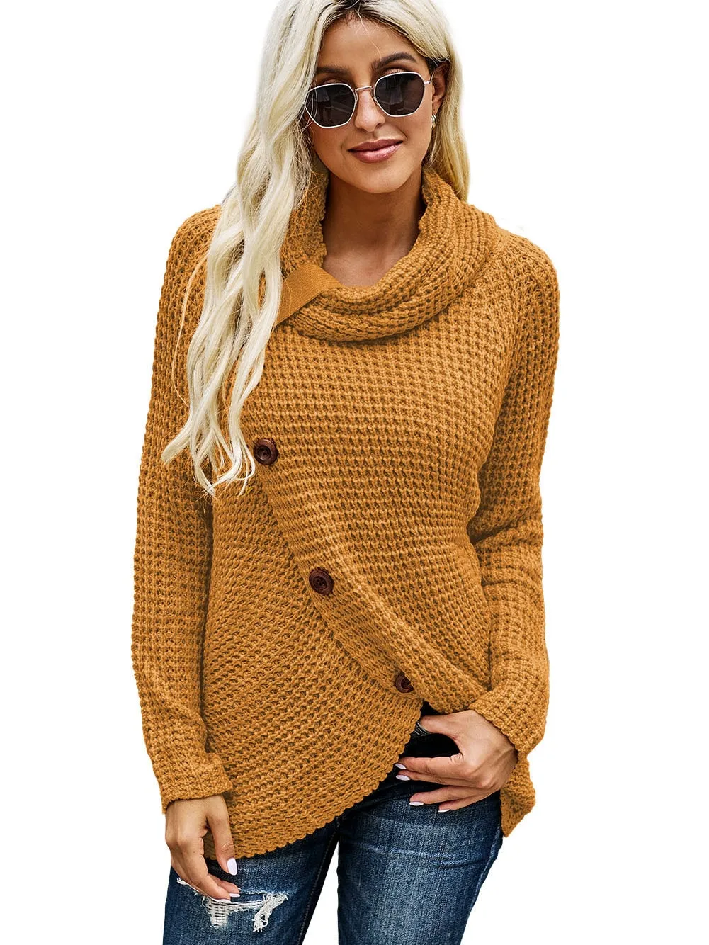 Buttoned Mustard Wrap Turtleneck Shift Sweater