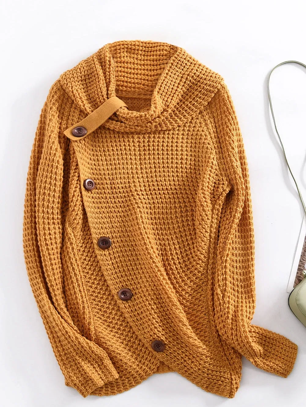 Buttoned Mustard Wrap Turtleneck Shift Sweater
