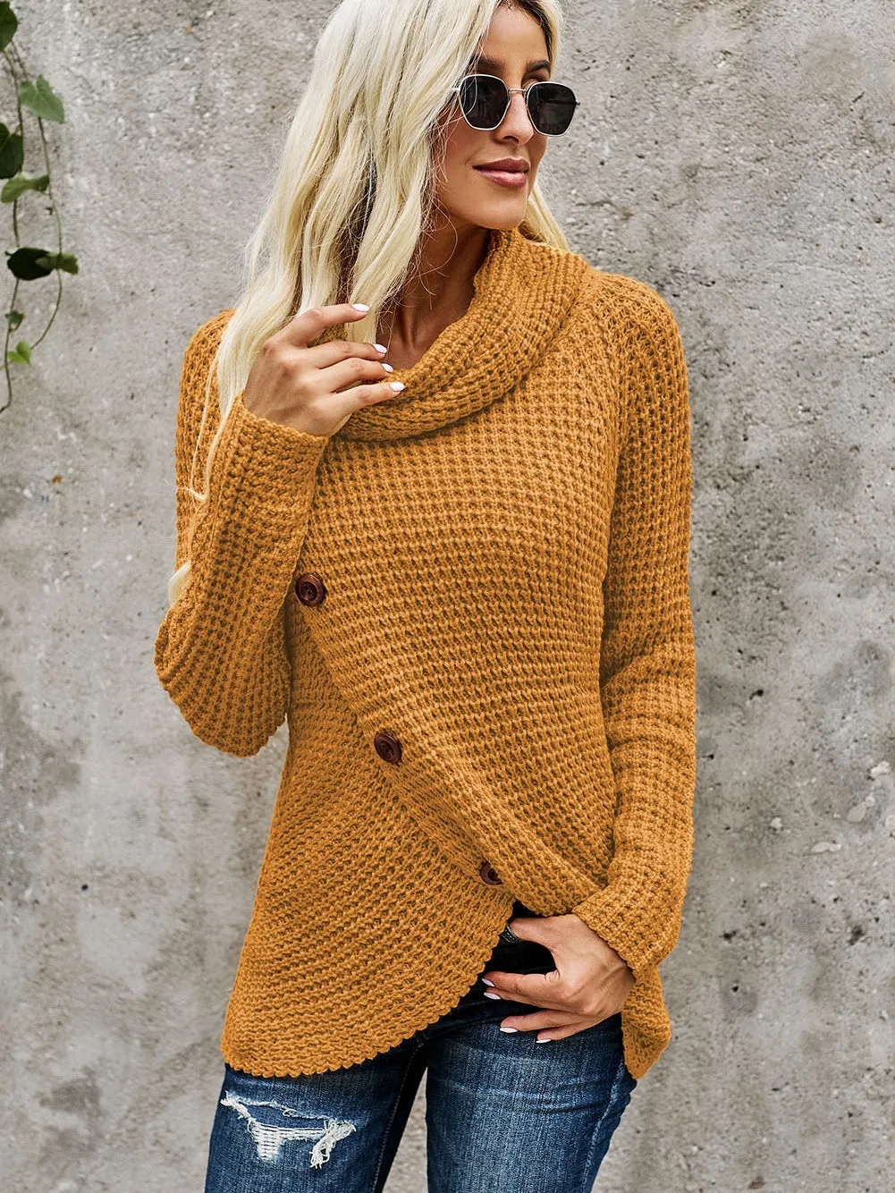 Buttoned Mustard Wrap Turtleneck Shift Sweater