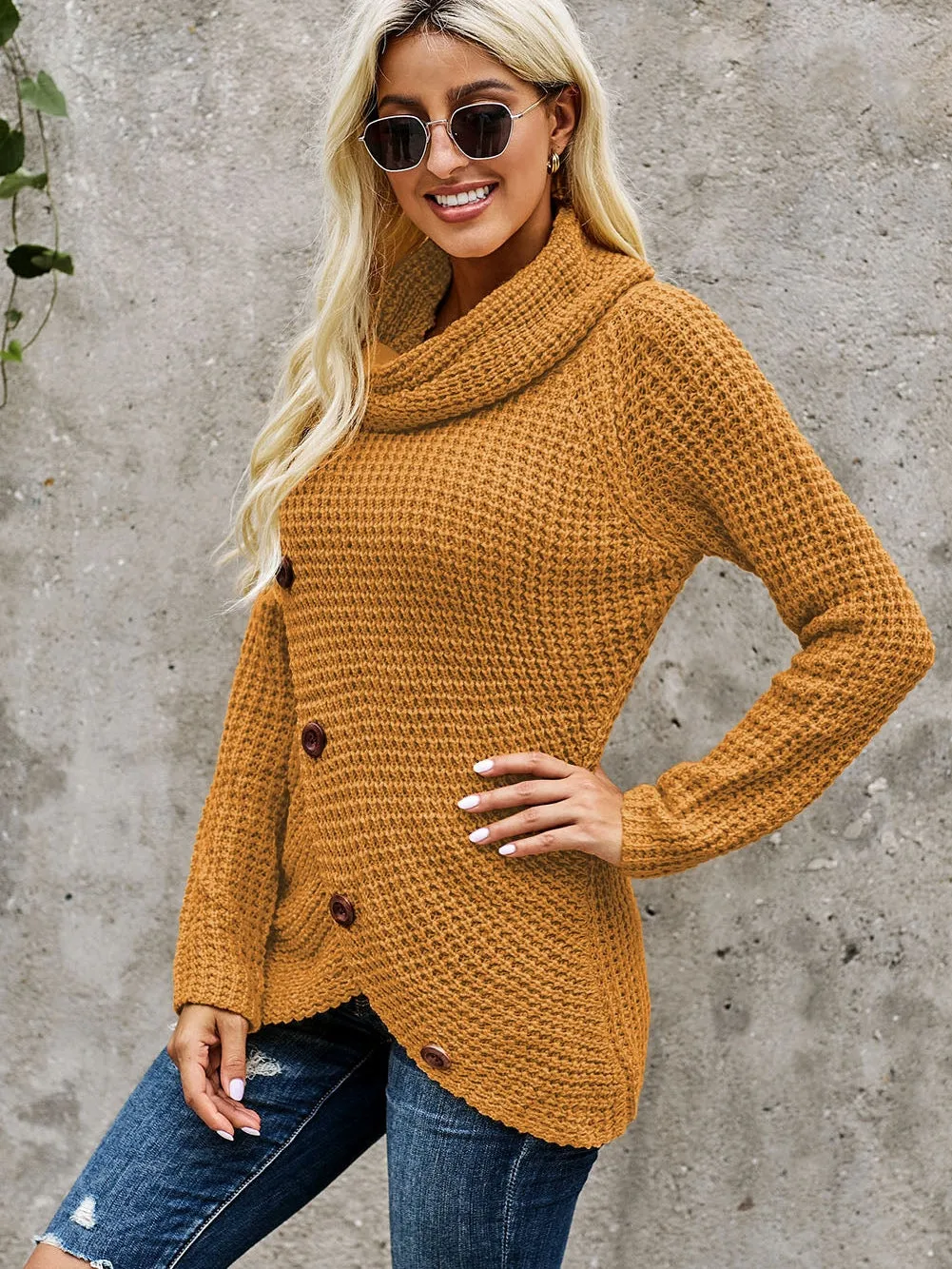 Buttoned Mustard Wrap Turtleneck Shift Sweater