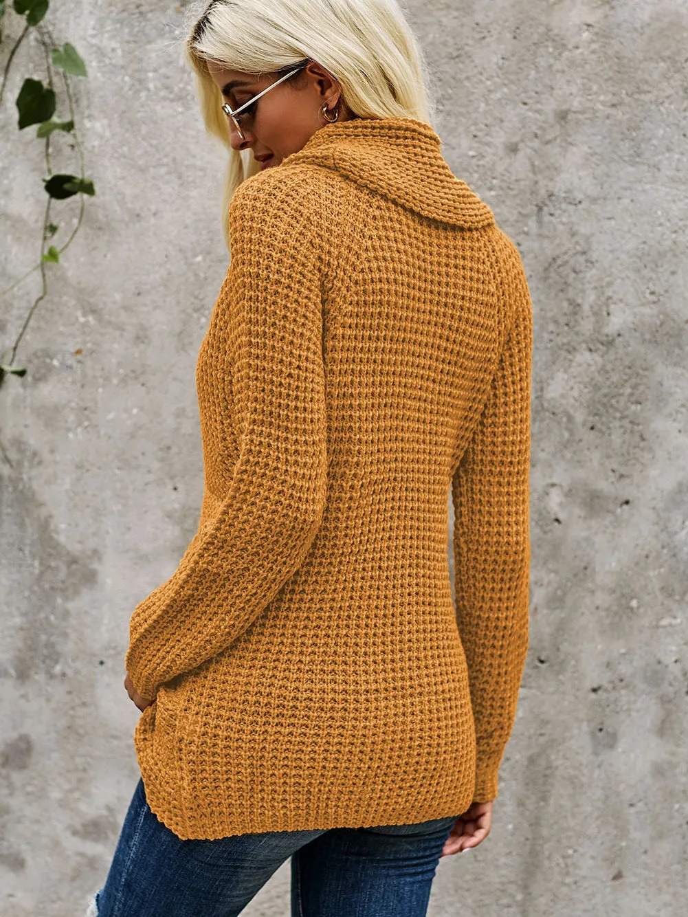Buttoned Mustard Wrap Turtleneck Shift Sweater
