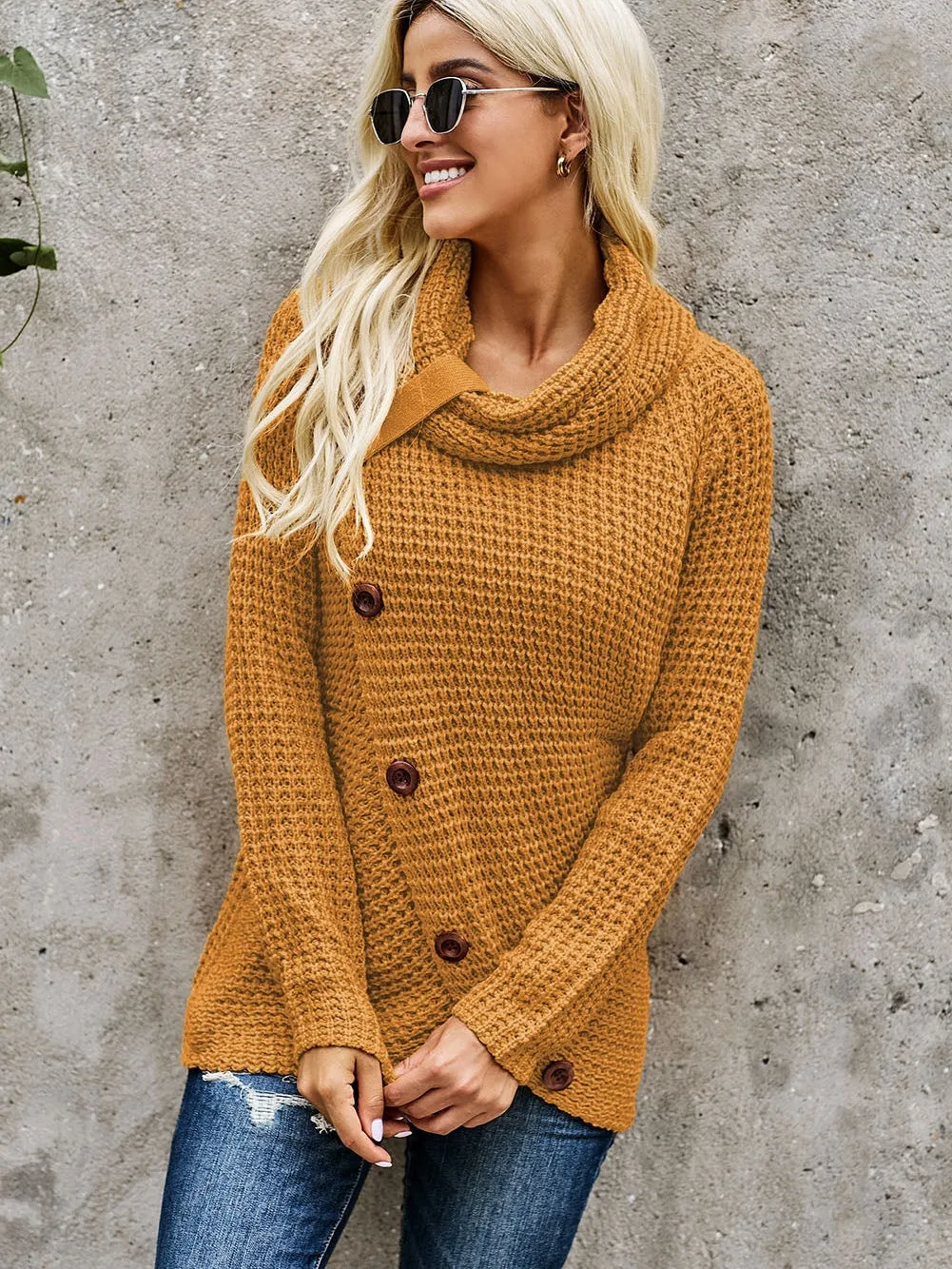 Buttoned Mustard Wrap Turtleneck Shift Sweater