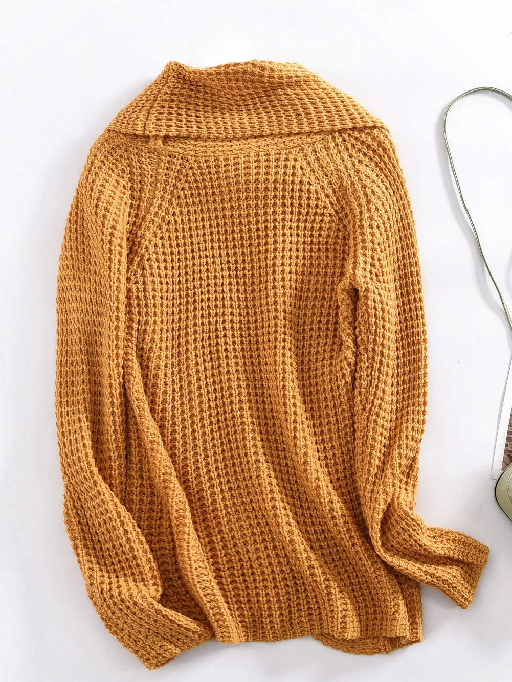 Buttoned Mustard Wrap Turtleneck Shift Sweater