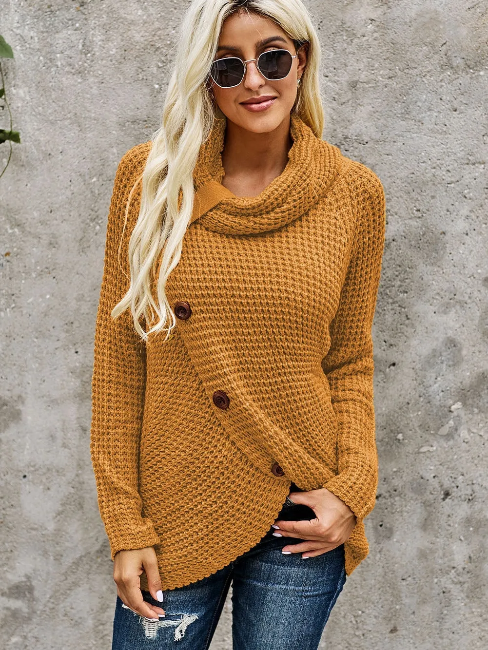 Buttoned Mustard Wrap Turtleneck Shift Sweater