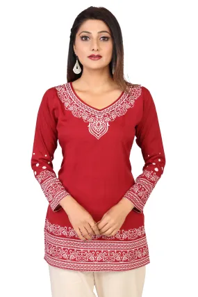 Buy Indian Kurtis Online- Stylish Maroon Printed Kurti Top with White Pattern