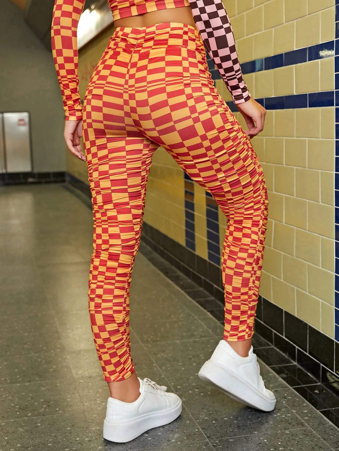 Casual Plaid Ruched Cropped Women Leggings