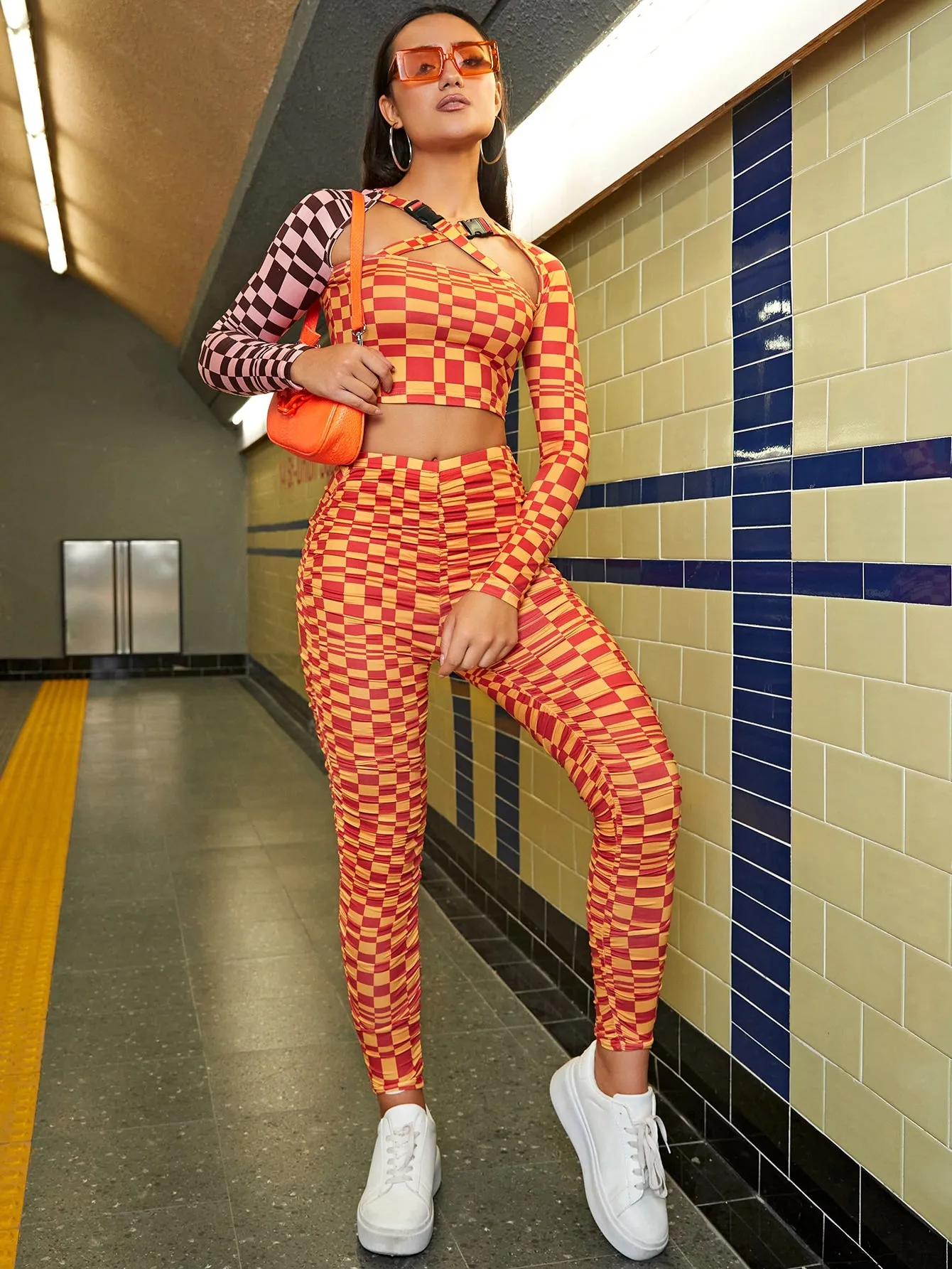 Casual Plaid Ruched Cropped Women Leggings