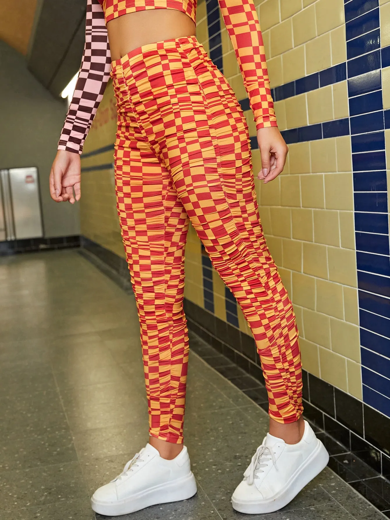 Casual Plaid Ruched Cropped Women Leggings
