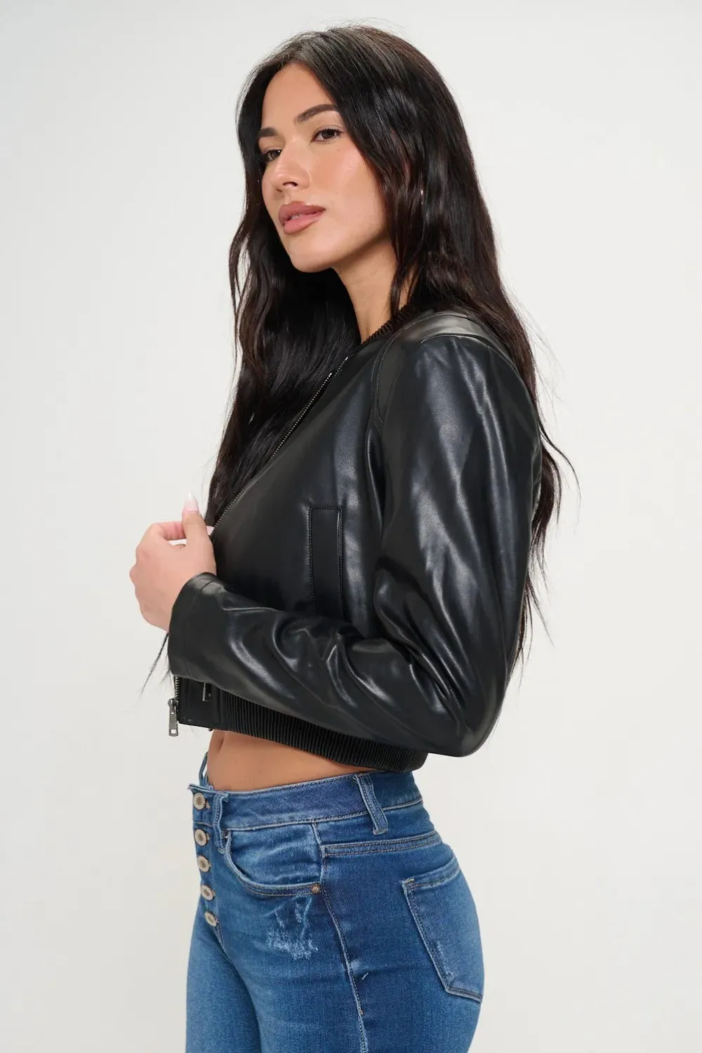 Coalition LA Zip-Up Cropped Bomber Jacket - Vegan Leather
