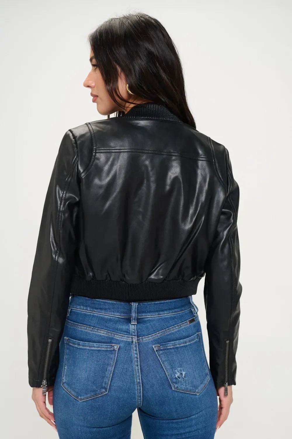 Coalition LA Zip-Up Cropped Bomber Jacket - Vegan Leather