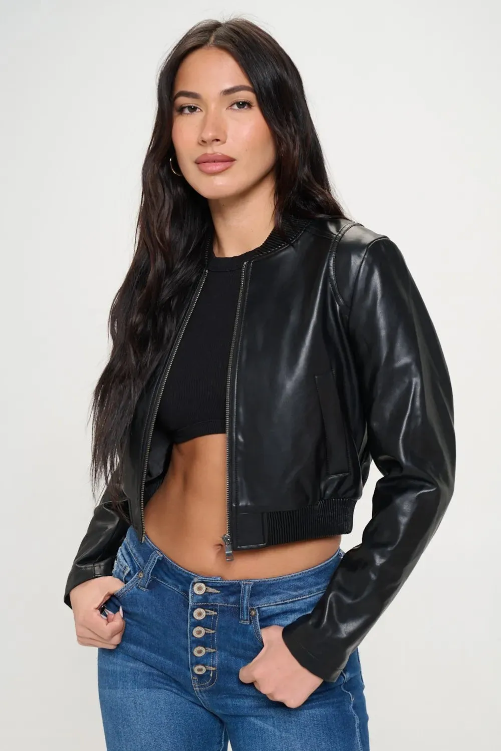 Coalition LA Zip-Up Cropped Bomber Jacket - Vegan Leather