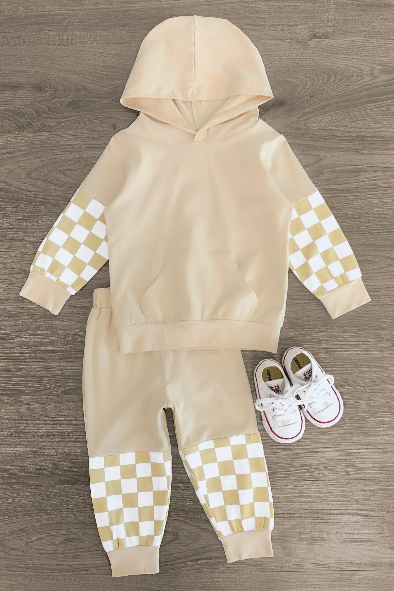 Cream Checkered Lounge Hoodie Set