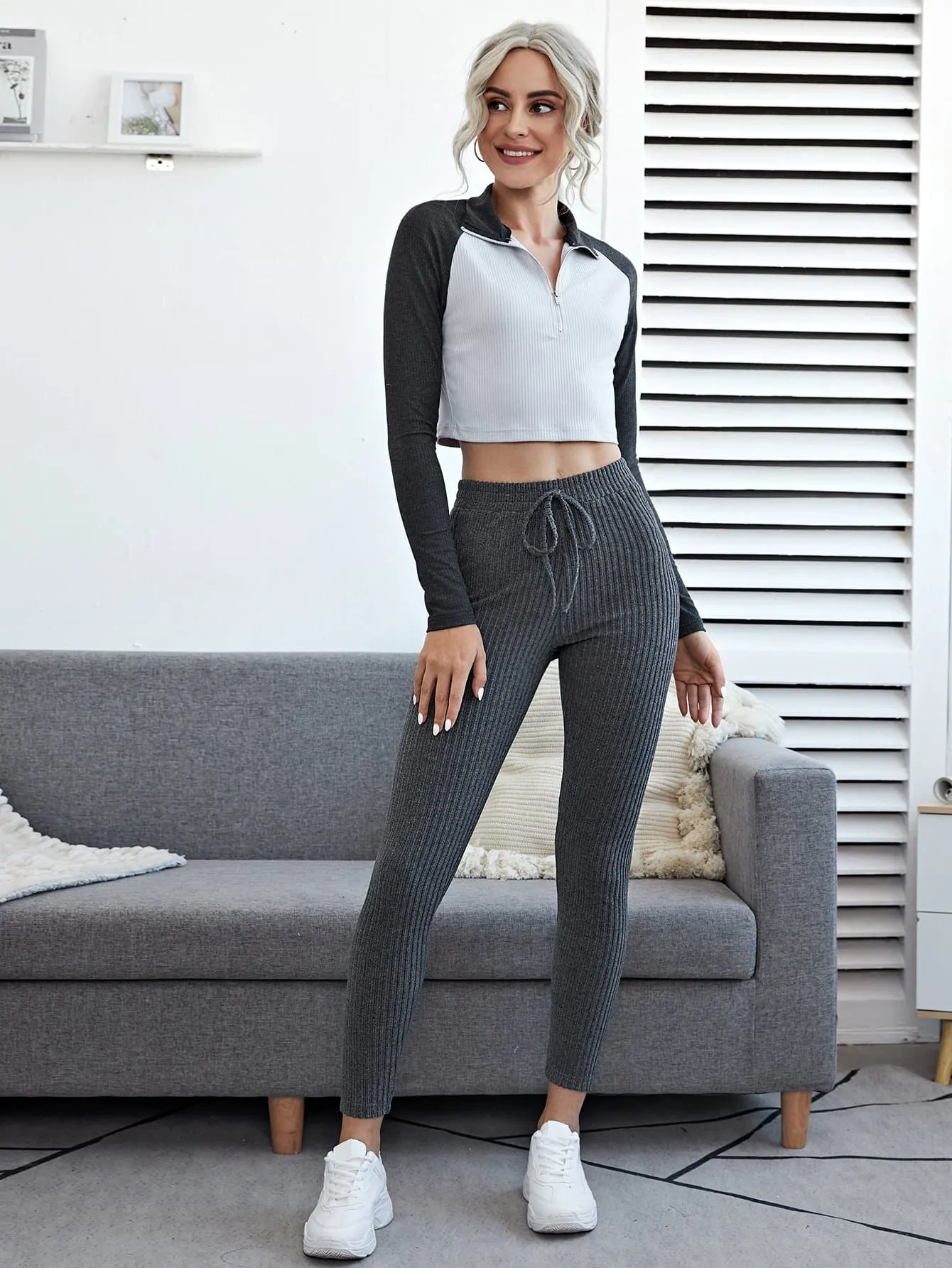Dark Grey Knot Front Rib-knit Leggings