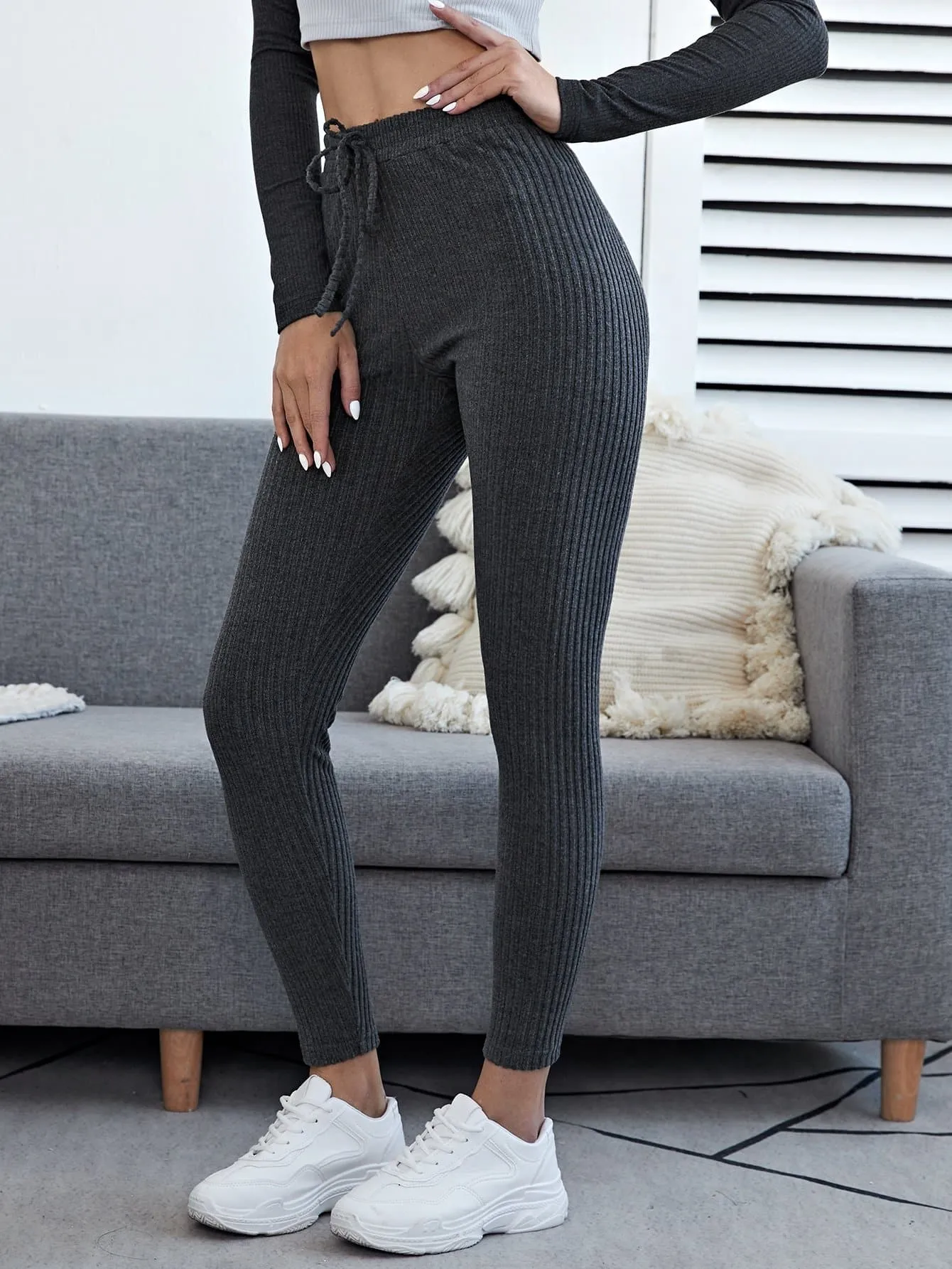 Dark Grey Knot Front Rib-knit Leggings