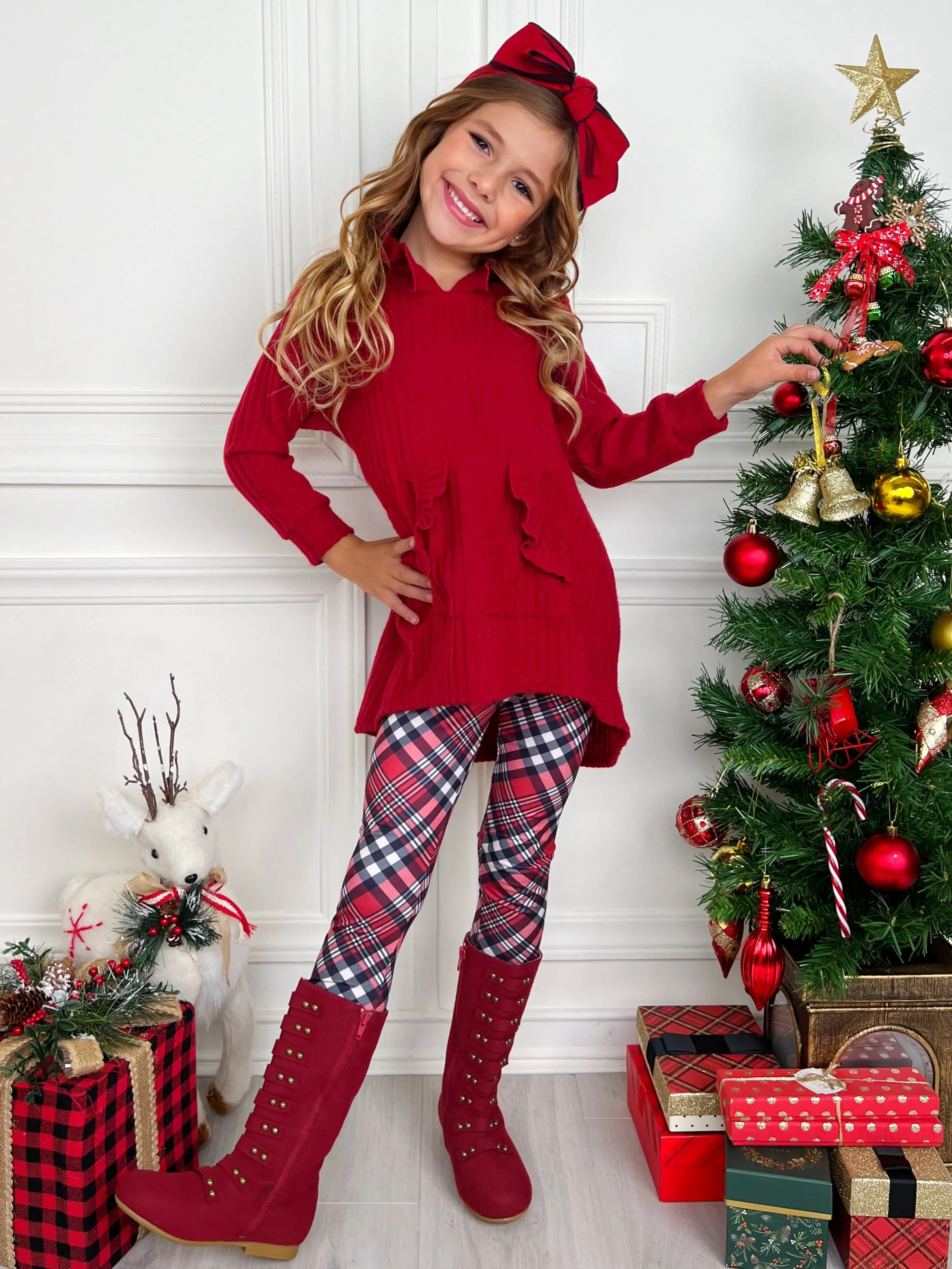 Festive Plaid Girls Hooded Tunic and Legging Set