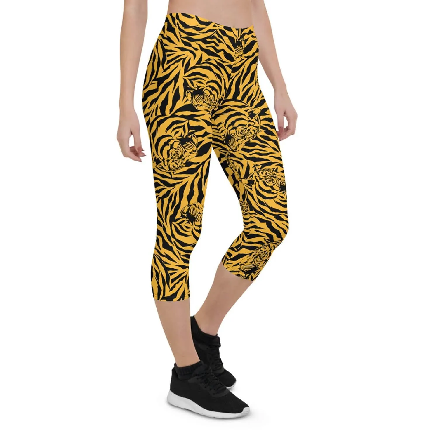 Fierce Yellow Tiger Print Active Capri Leggings for Women