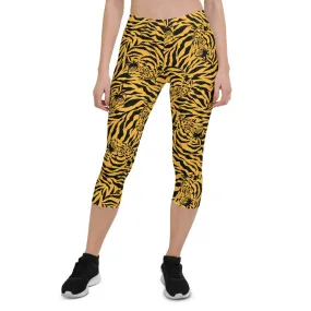 Fierce Yellow Tiger Print Active Capri Leggings for Women