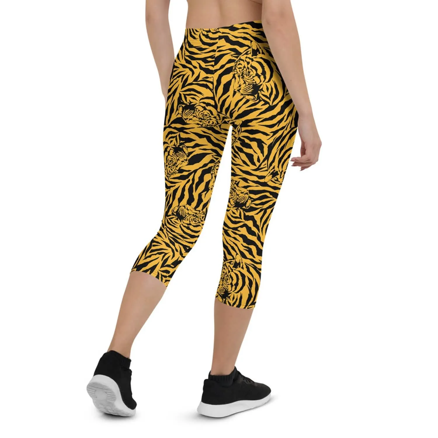 Fierce Yellow Tiger Print Active Capri Leggings for Women