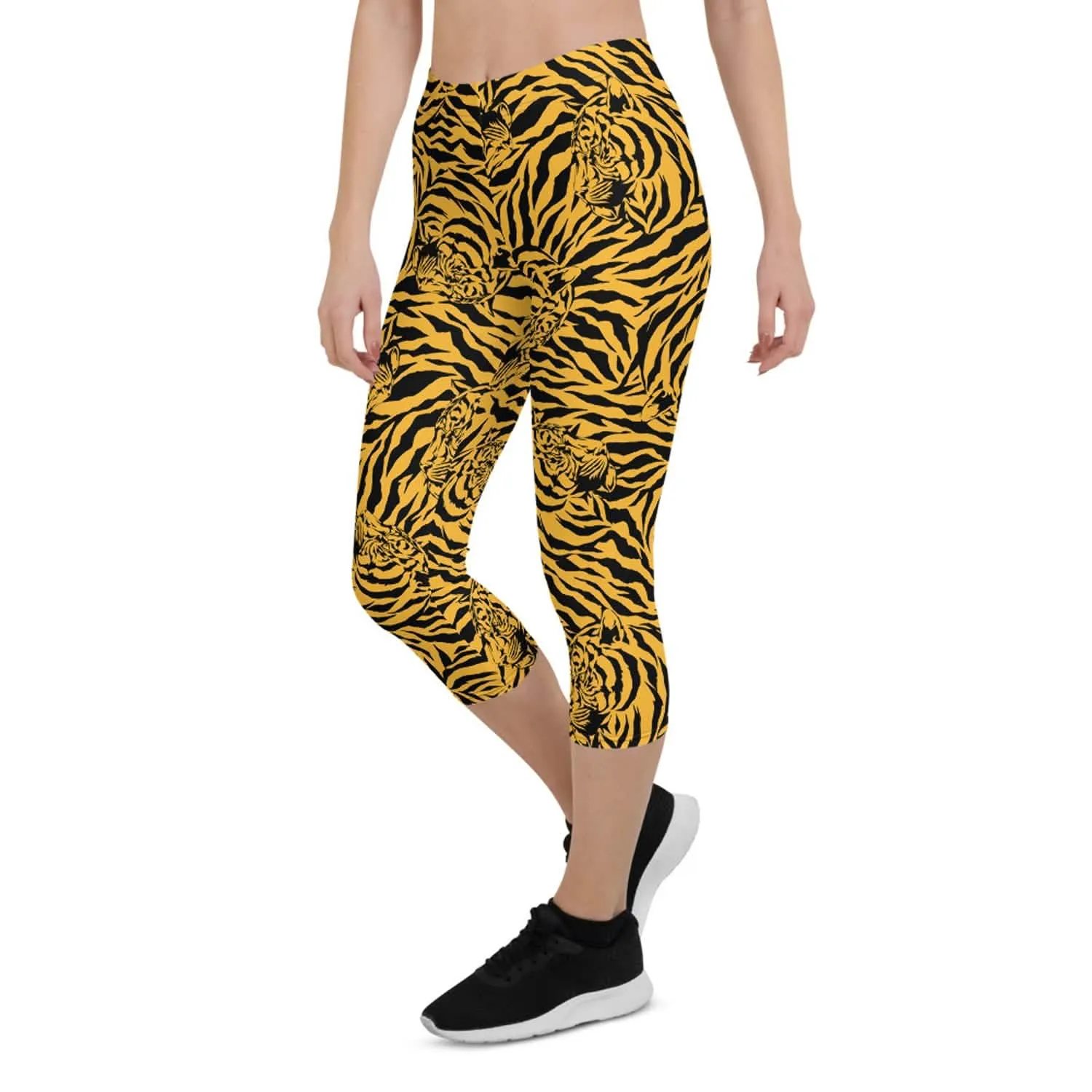 Fierce Yellow Tiger Print Active Capri Leggings for Women