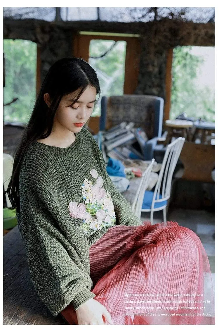 Floral Embroidered Oversized Batwing Sleeve Sweater