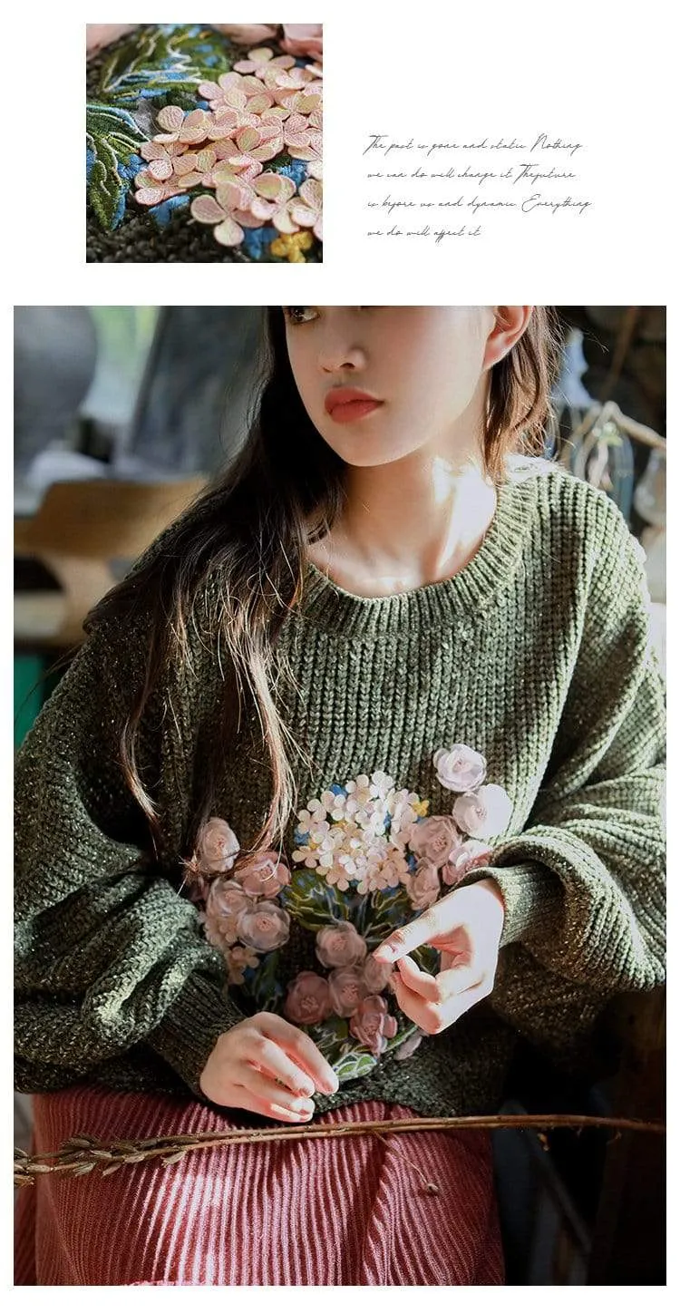 Floral Embroidered Oversized Batwing Sleeve Sweater