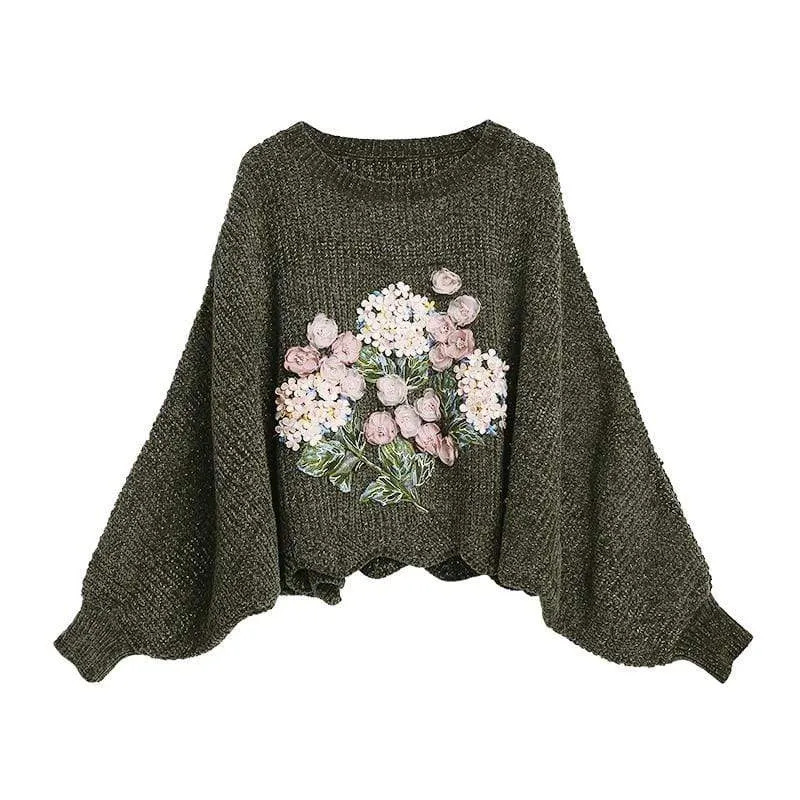 Floral Embroidered Oversized Batwing Sleeve Sweater