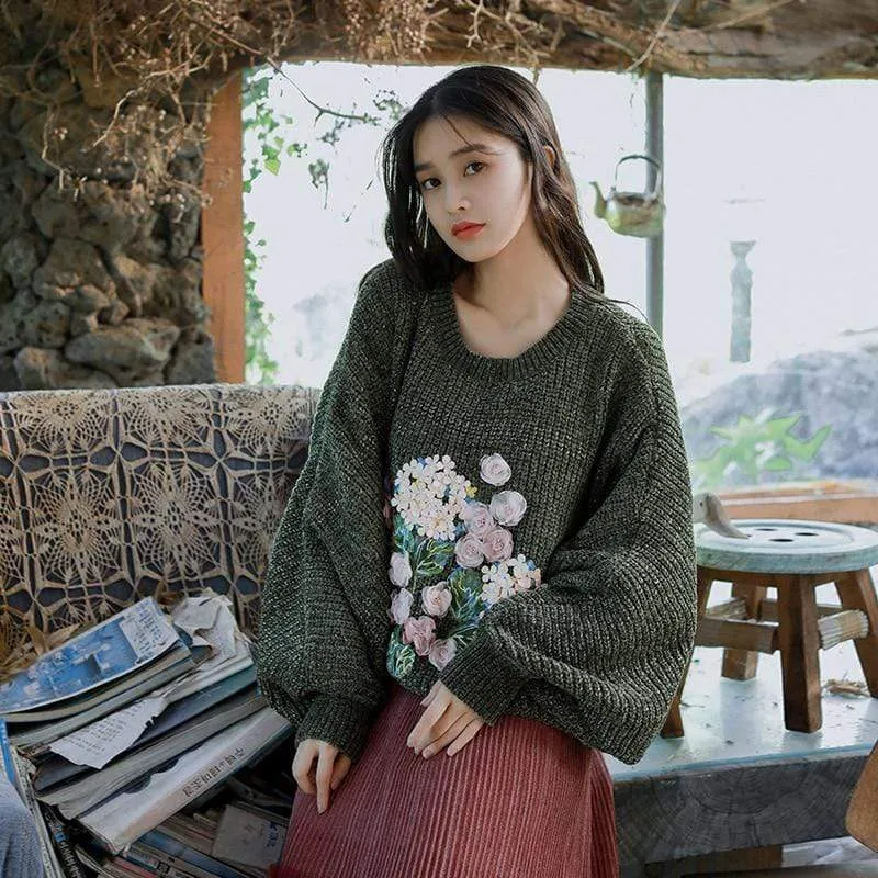 Floral Embroidered Oversized Batwing Sleeve Sweater