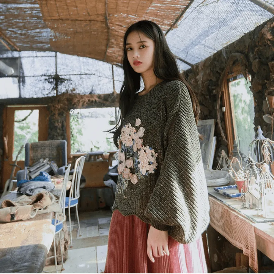 Floral Embroidered Oversized Batwing Sleeve Sweater
