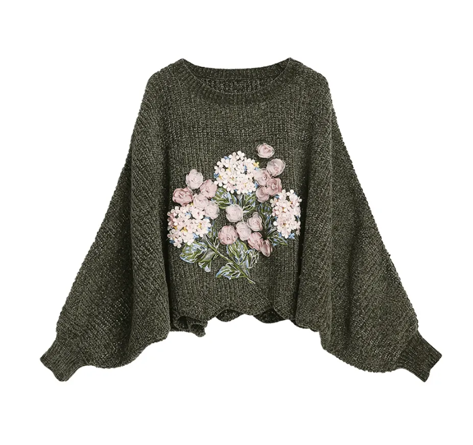 Floral Embroidered Oversized Batwing Sleeve Sweater