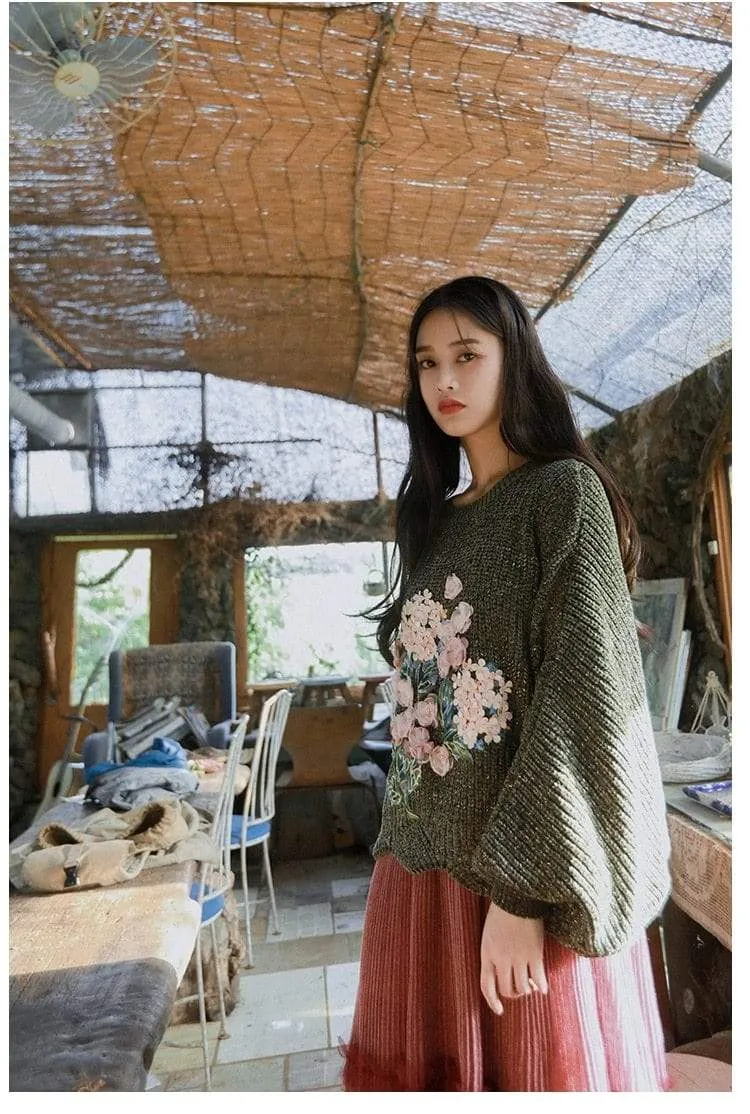Floral Embroidered Oversized Batwing Sleeve Sweater
