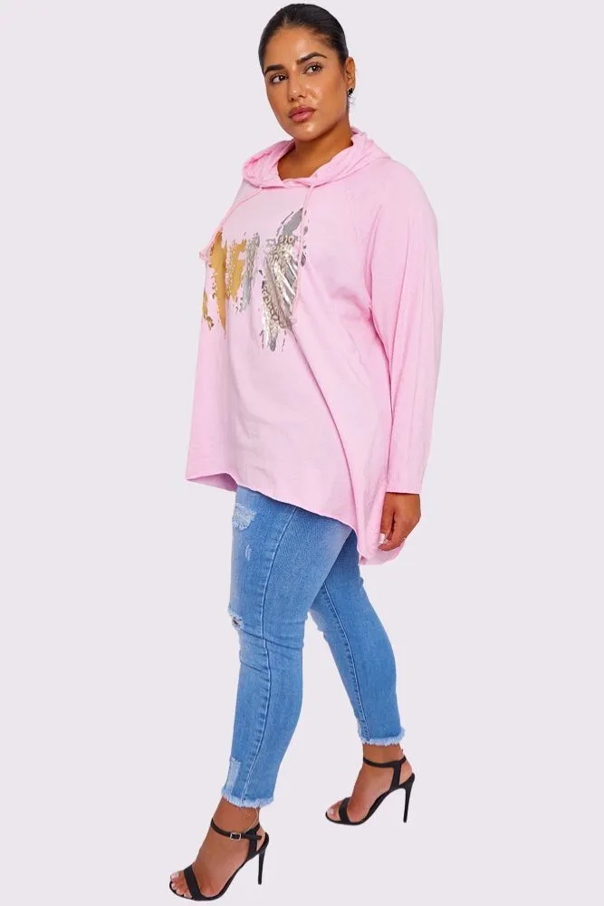 Foil Brush-stroke Pattern Drop Hem Drawstring Hoodie