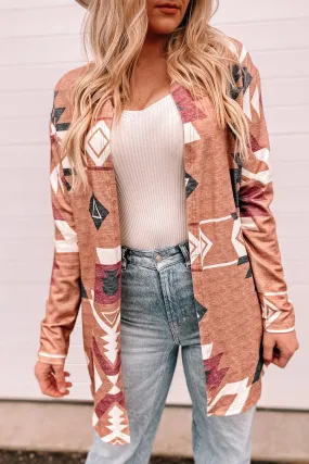 Geometric Open Front Long Sleeve Cardigan - Basic Style, Lightweight Comfort, Versatile Layering Piece
