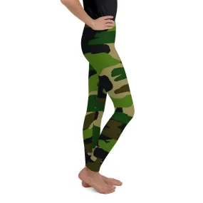 Girl Military Green Camouflage Active Wear Sports Gym Youth Leggings, Made in USA/EU