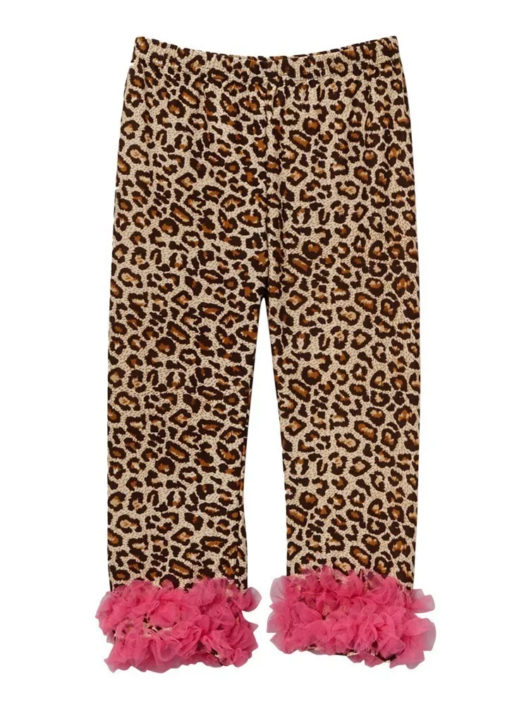 Girls Tan Leopard Print Hot Pink Ruffle Trim Leggings 9M-8