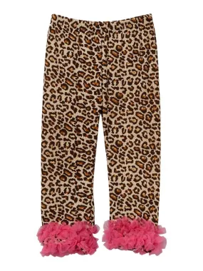 Girls Tan Leopard Print Hot Pink Ruffle Trim Leggings 9M-8